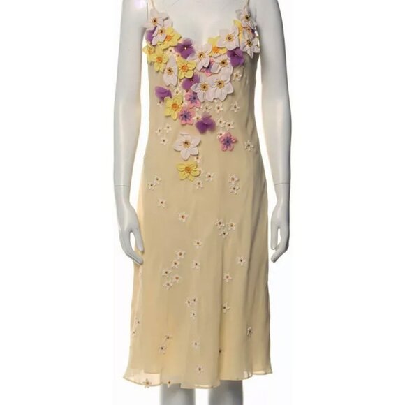 MOSCHINO IVORY LEMON 3D FLOWER APPLIQUES BEADED SILK SLIP DRESS USA 12 IT46 PURP - Picture 13 of 13